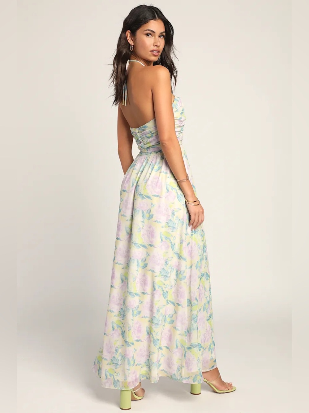 Lulus Effortlessly Abloom Green Multi Floral Ruched Halter Maxi Dress large - Picture 4 of 4